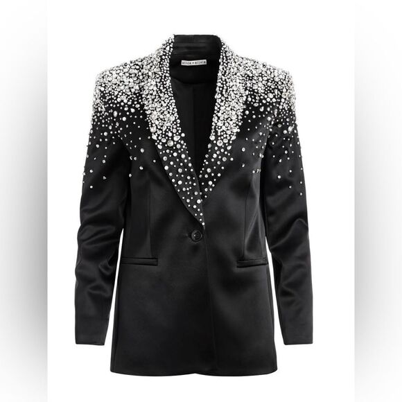 ALICE + OLIVIA Ivan Crystal Pearl Embellished Satin Blazer Black - Picture 5 of 10